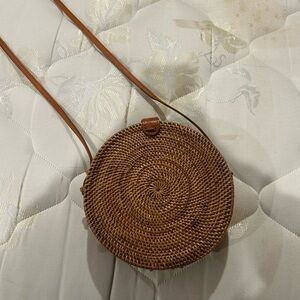 Round Brown Woven Crossbody Bag